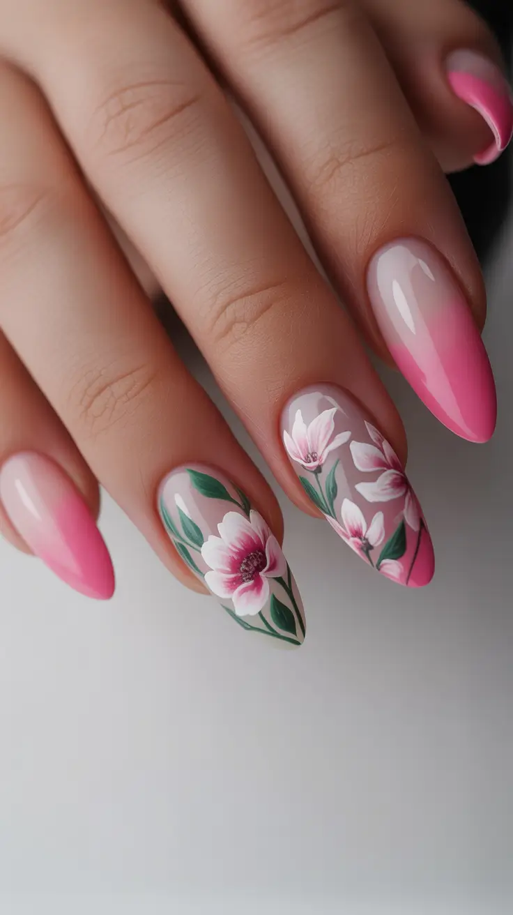 spring nails pink Soft Pink Ombre Nails With Hand Painted Spring Flowers