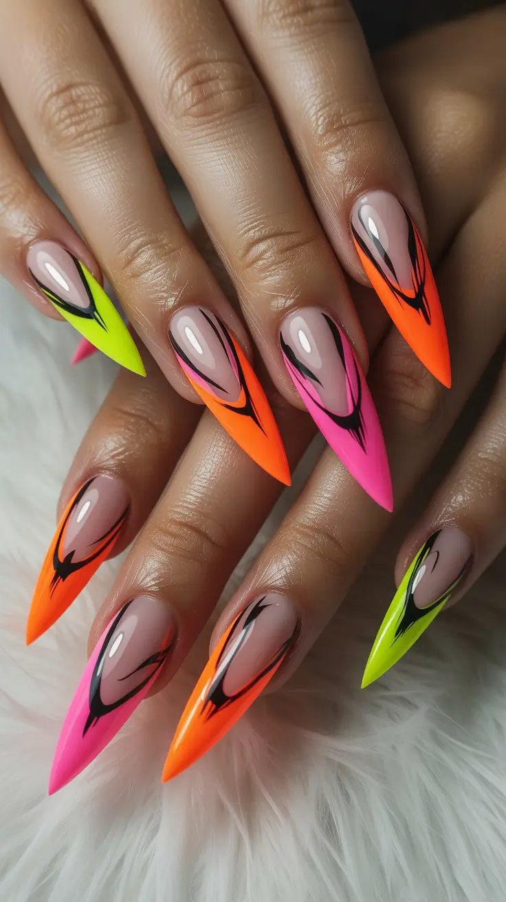 spring nails pink Neon Stiletto Nails With Graphic Color Energy