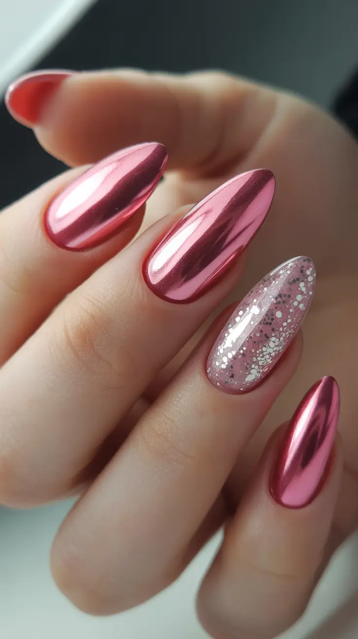spring nails pink Rose Chrome Nails With Sparkling Accent Finish