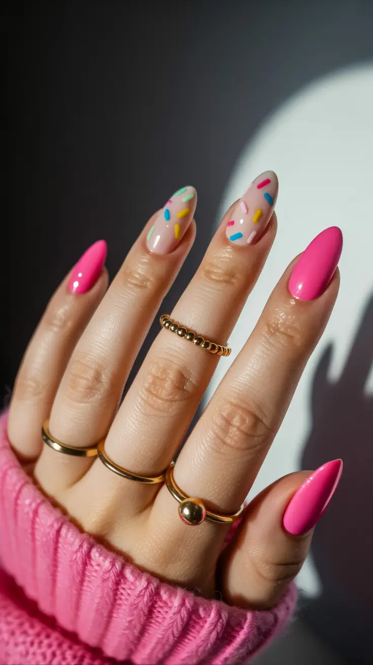 spring nails pink Playful Sprinkle Accent Nails With Bright Pink Energy