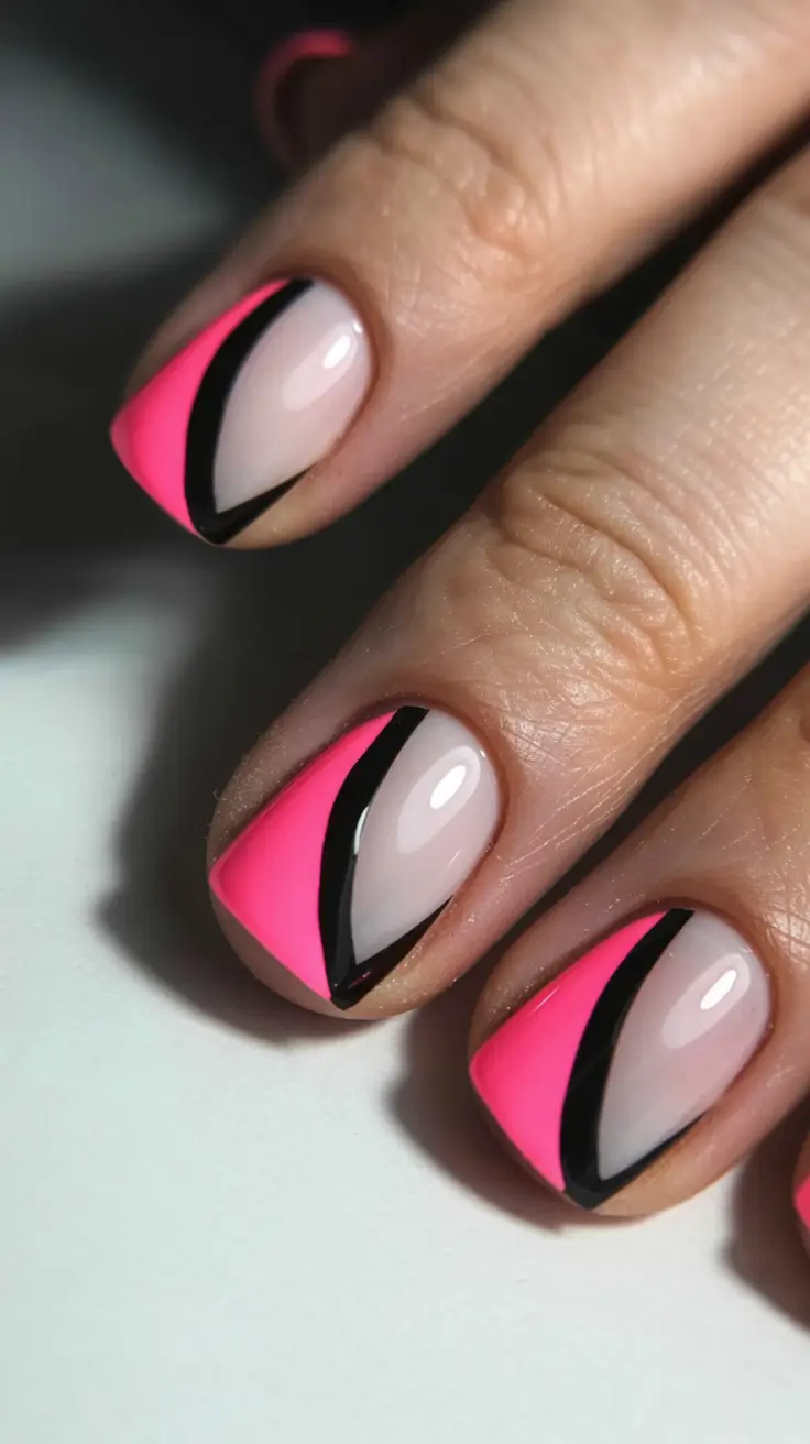 spring nails pink Graphic Pink And Black Edge Nails With Modern Contrast