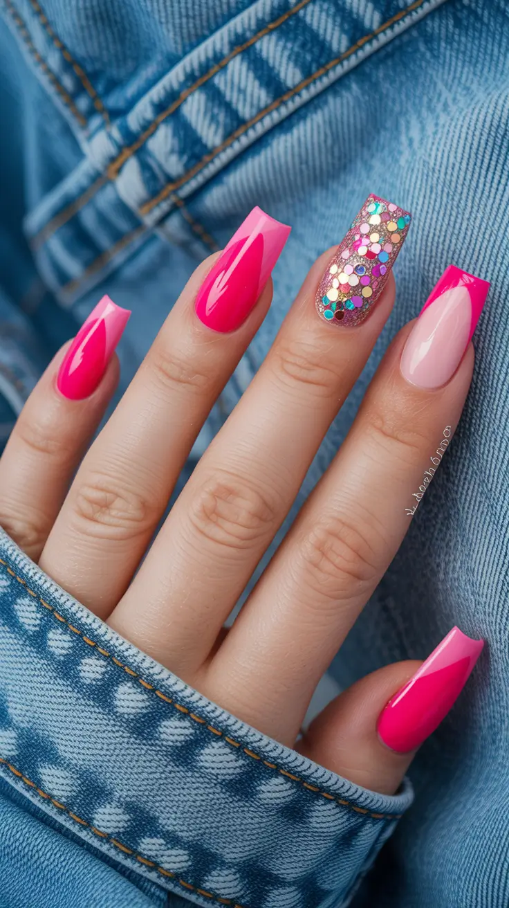 spring nails pink Hot Pink Gloss And Sparkling Accent Drama