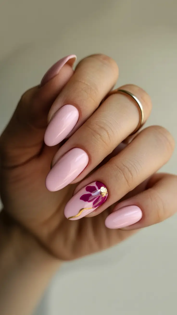 spring nails pink Minimal Pink Almond Nails With Artistic Floral Accent
