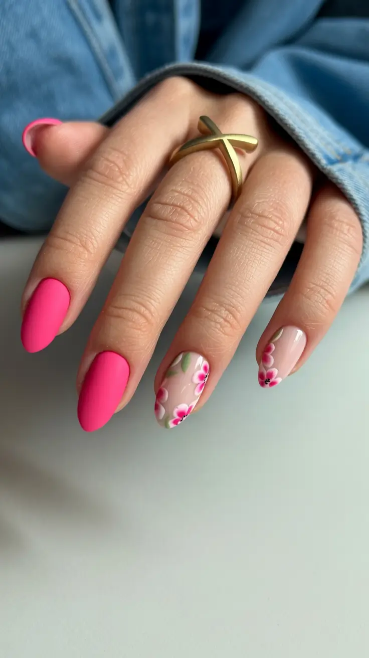 spring nails pink Bold Pink With Delicate Floral Art Contrast