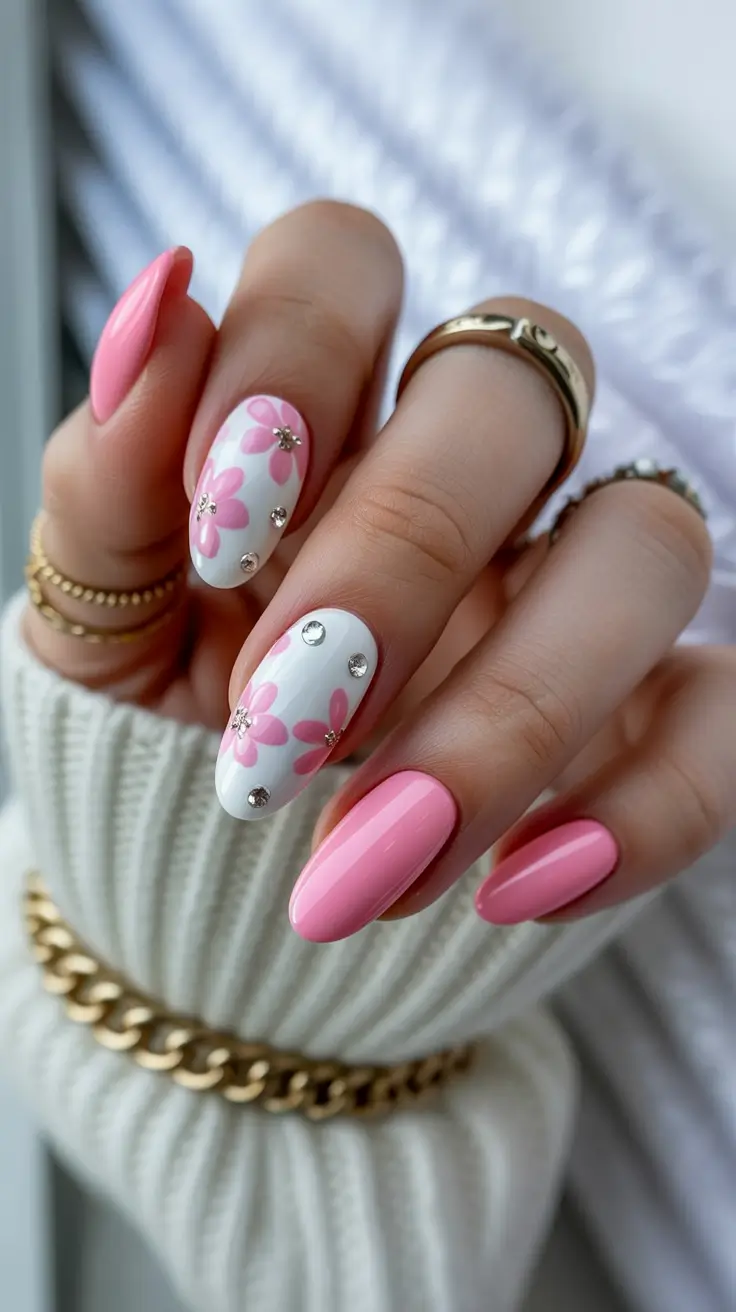 spring nails pink Pink And White Floral Elegance With Crystal Accents