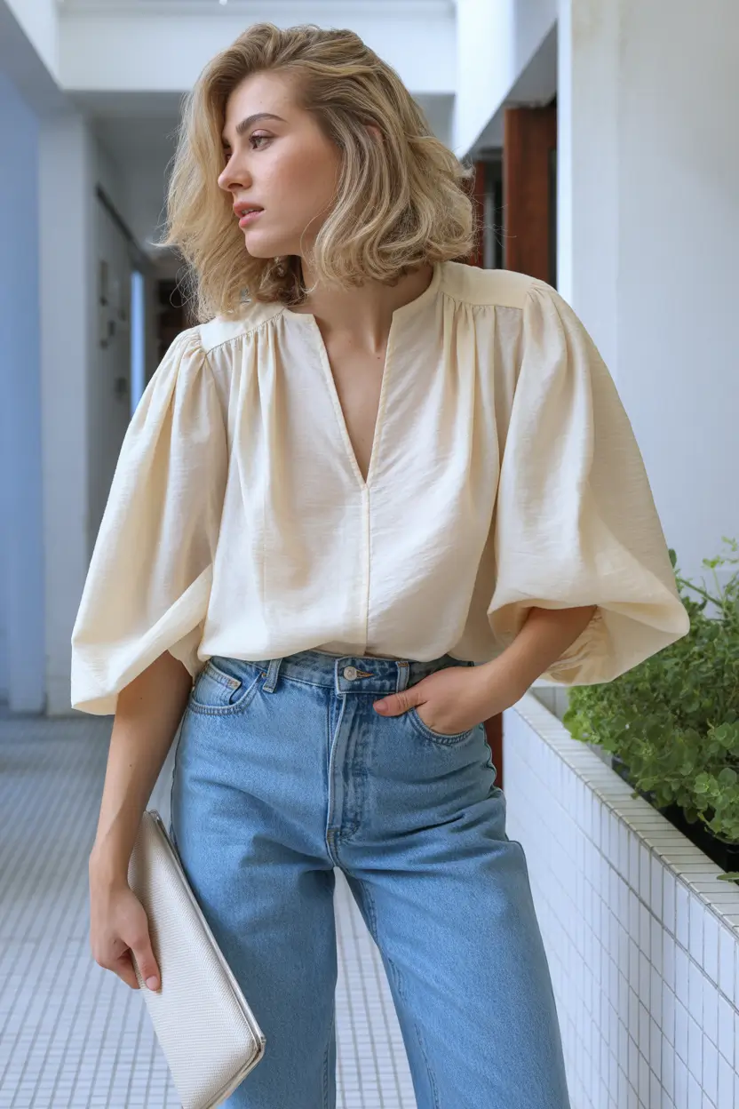 spring outfits The Cream Puff-Sleeve Blouse + Jeans Look That Feels Effortless and European