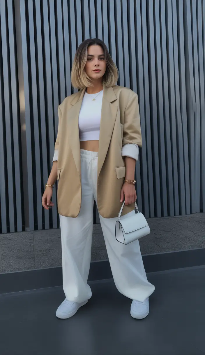 spring outfits The Beige Blazer + White Sweatpants Outfit That Makes Casual Look Intentional