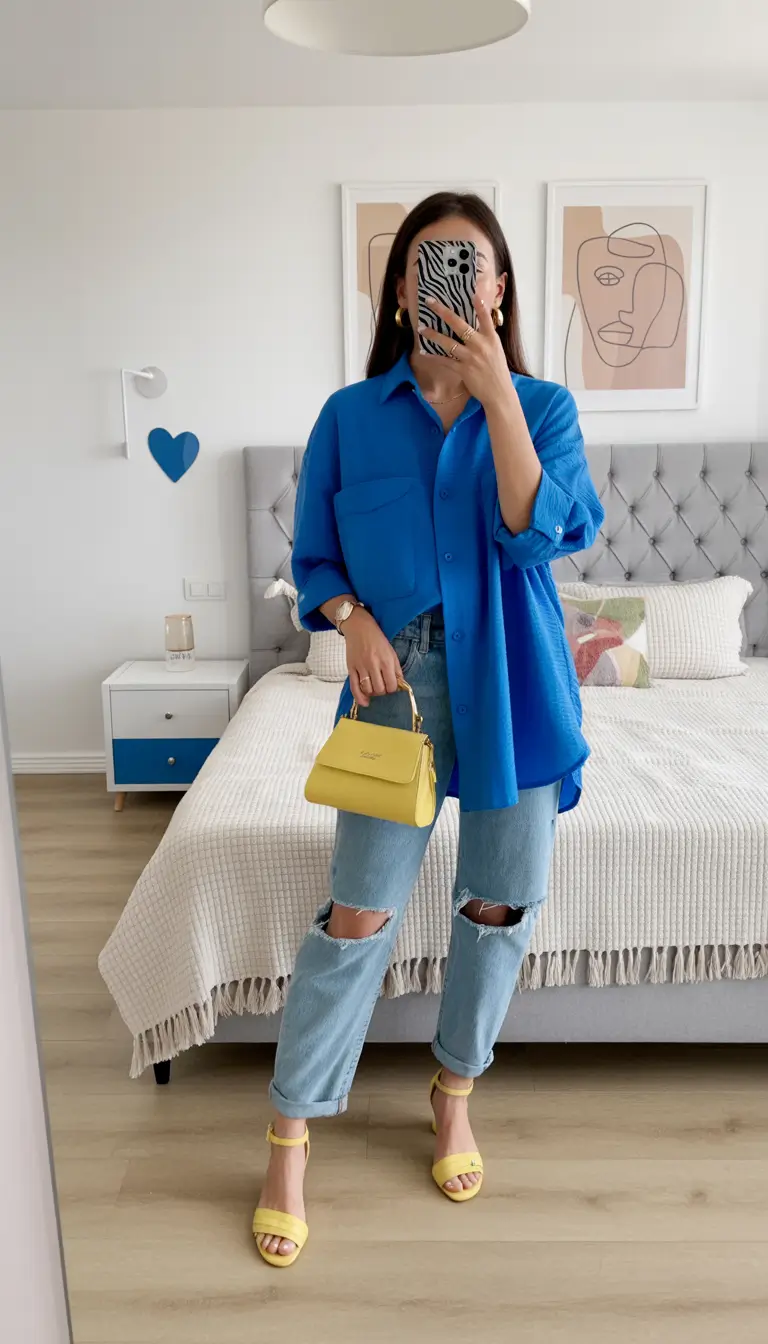 spring outfits The Blue Shirt + Yellow Bag Combo That Looks Like Pinterest in Real Life