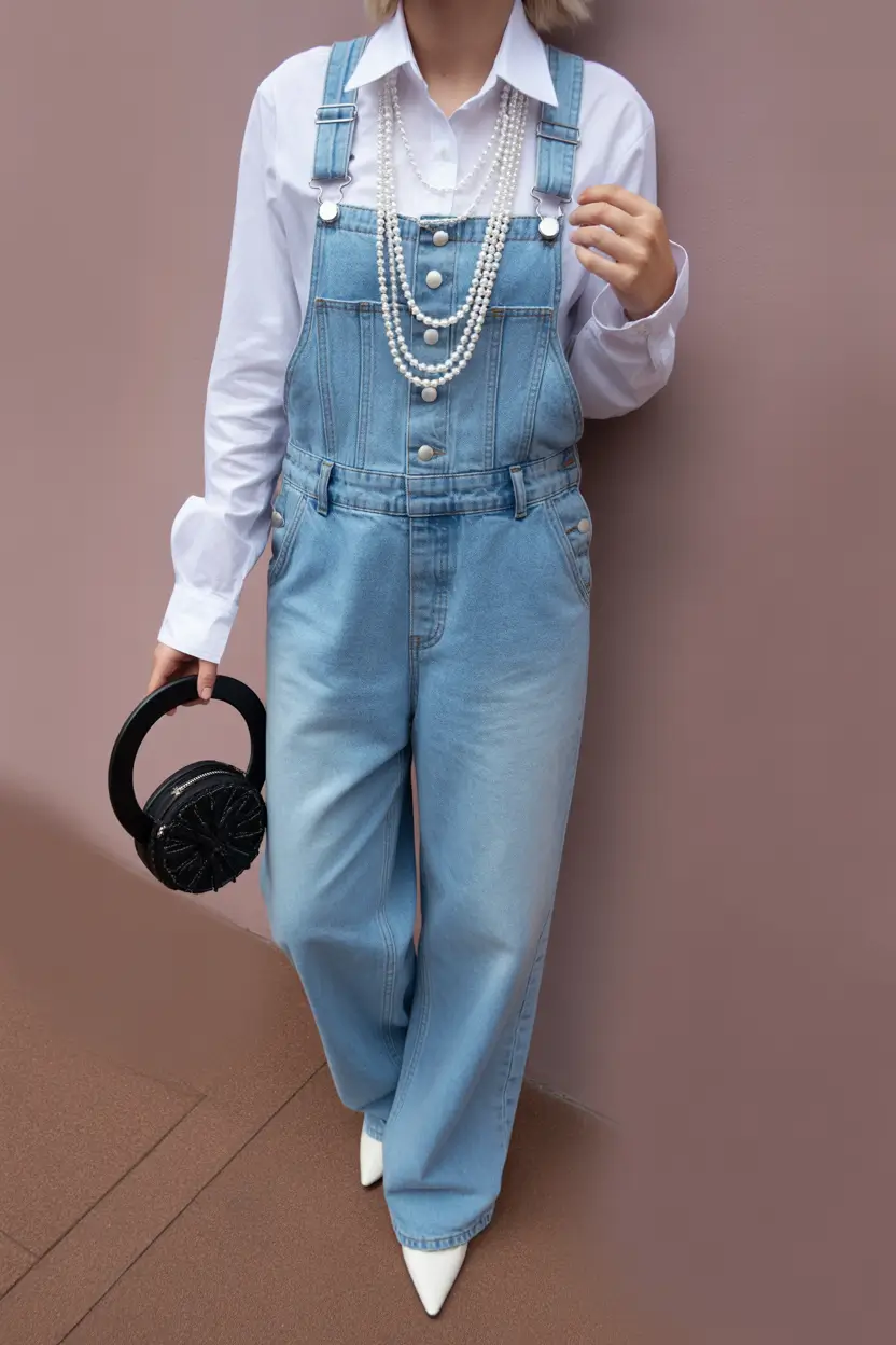 spring outfits The Denim Overalls + Pearls Outfit That Makes Classic Pieces Feel New Again