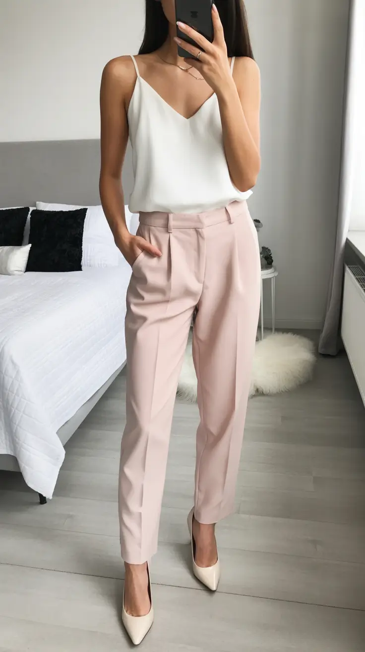 spring outfits The White Cami + Blush Trousers Look That Always Works When You Need to Look Put Together