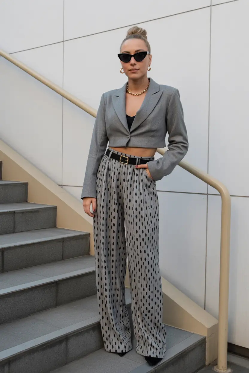 spring outfits The Cropped Blazer + Printed Wide-Leg Pants Look for Early Spring City Days