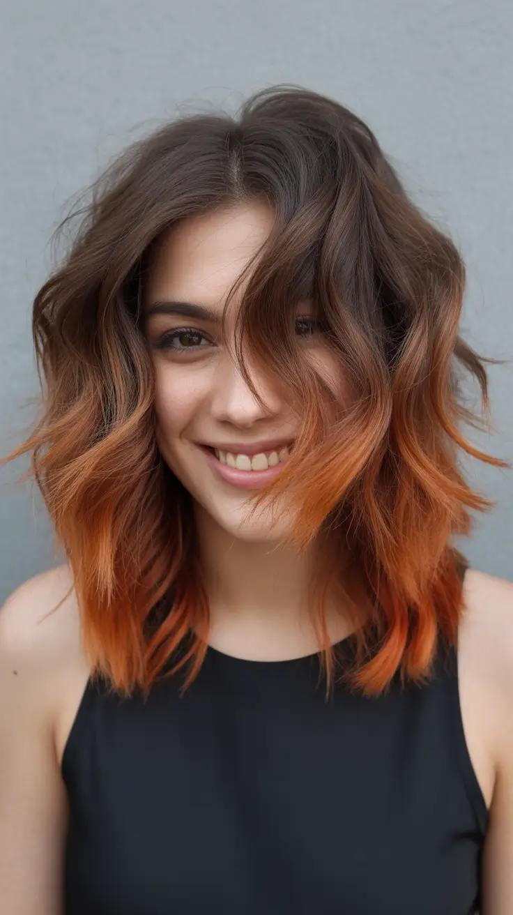 spring brown hair color Sunset Copper Ends on Natural Spring Brunette Layers