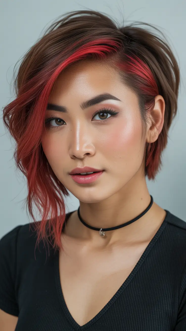 spring brown hair color Cherry Flame Accent on Textured Brunette Pixie