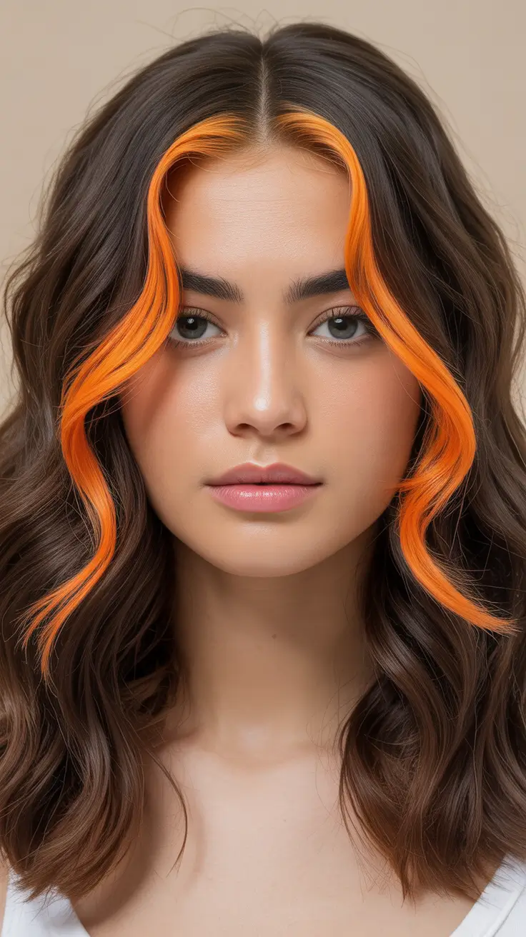 spring brown hair color Electric Tangerine Face-Framing Money Pieces