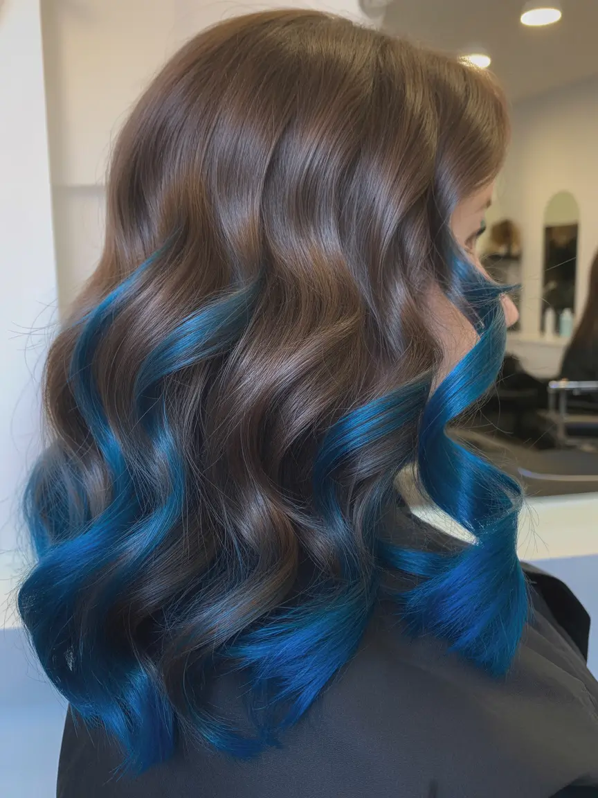 spring brown hair color Midnight Brunette Waves With Sapphire Blue Highlights