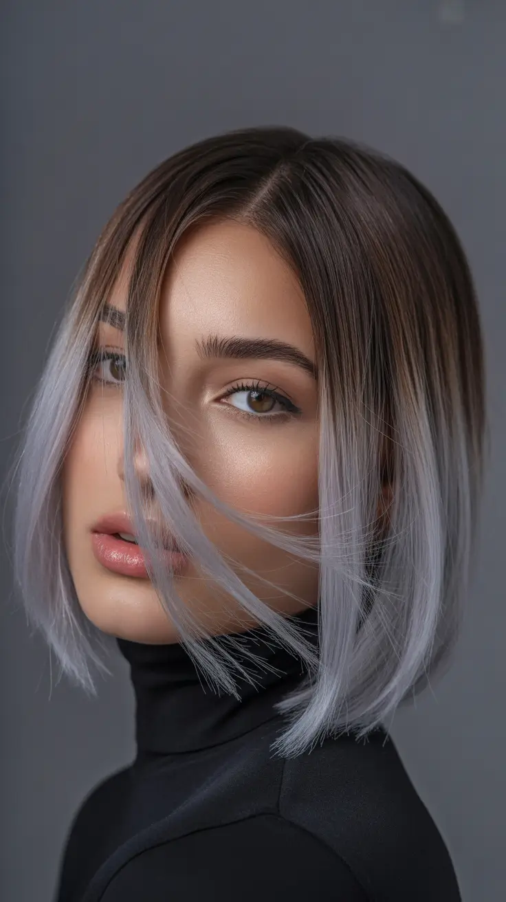 spring brown hair color Cool Smoke Silver Panels on Modern Brunette Bob