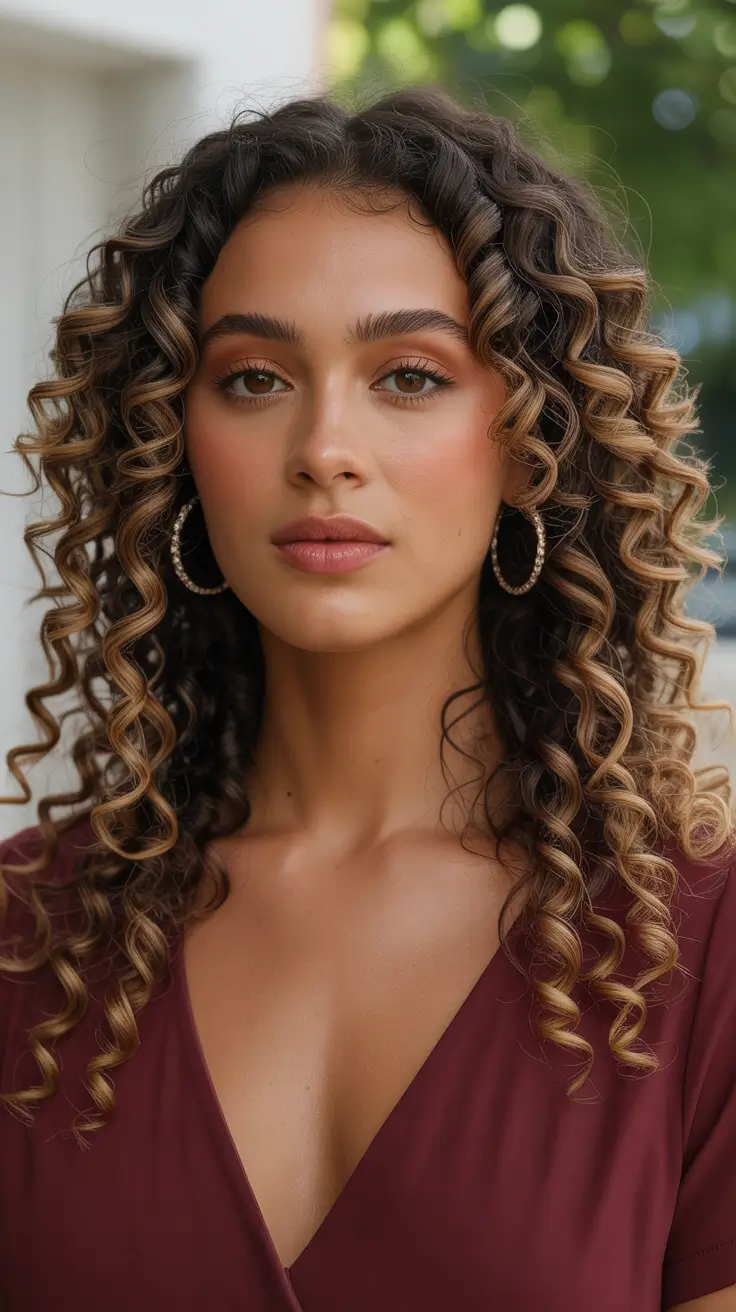 spring brown hair color Defined Curly Brunette With Caramel Light Dimension