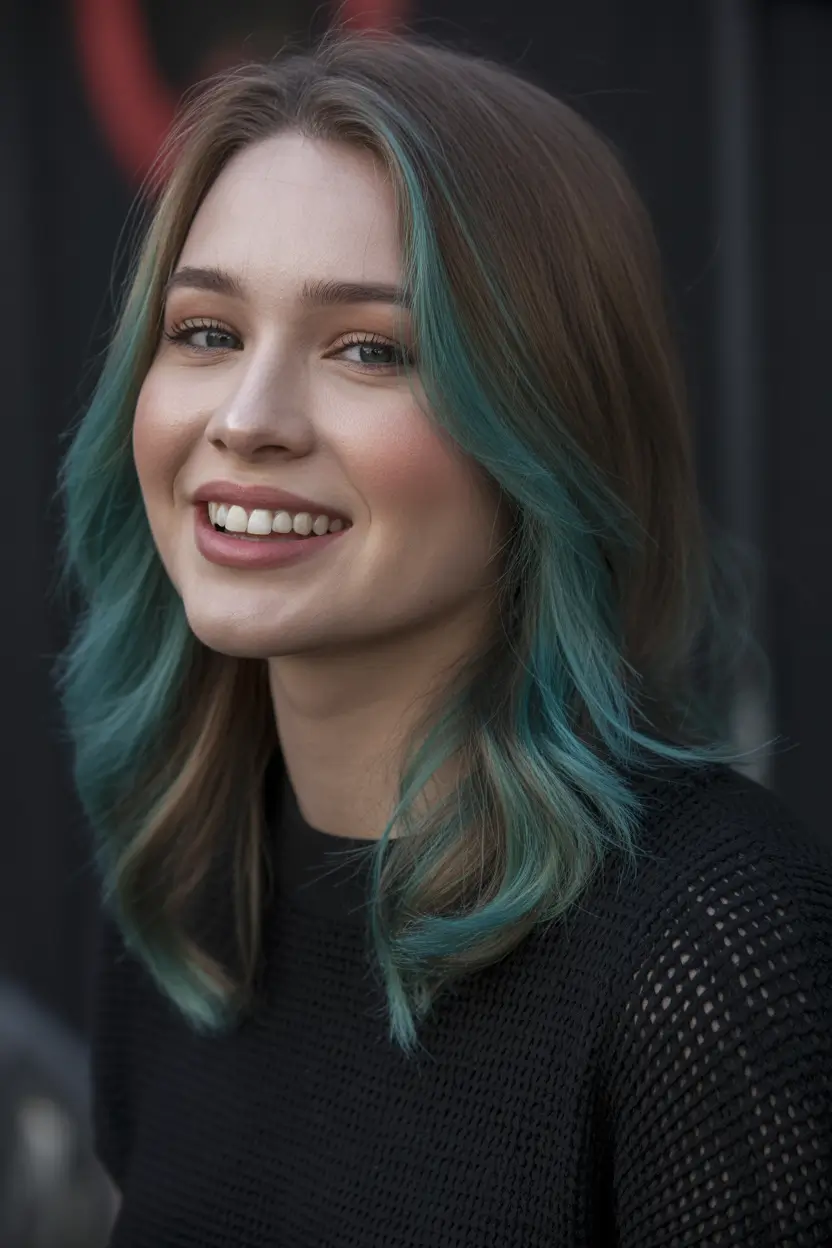 spring brown hair color Sea Glass Brunette With Light Teal Highlights