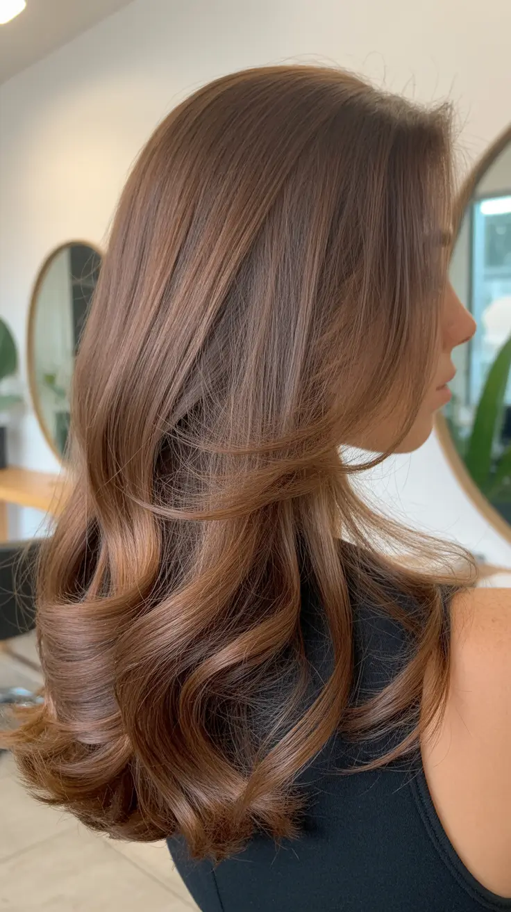 spring brown hair color Soft Chocolate Brunette With Airy Layered Movement