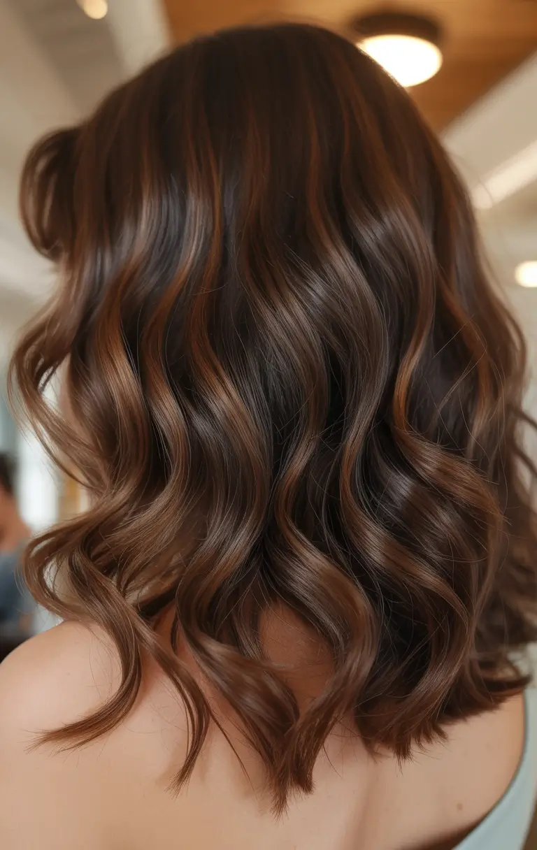 spring brown hair color Glossed Chestnut Brunette With Reflective Dimension