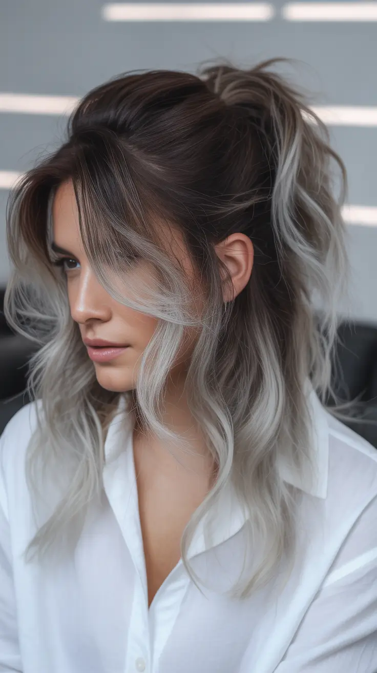 spring brown hair color Cool Platinum Contrast on Modern Brunette Blend