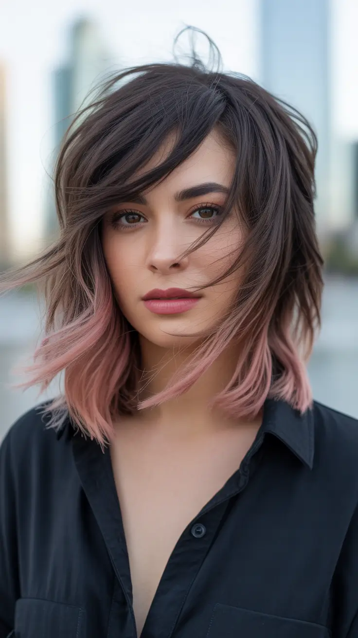 spring brown hair color Soft Pink-Tipped Brunette Lob for Spring Movement
