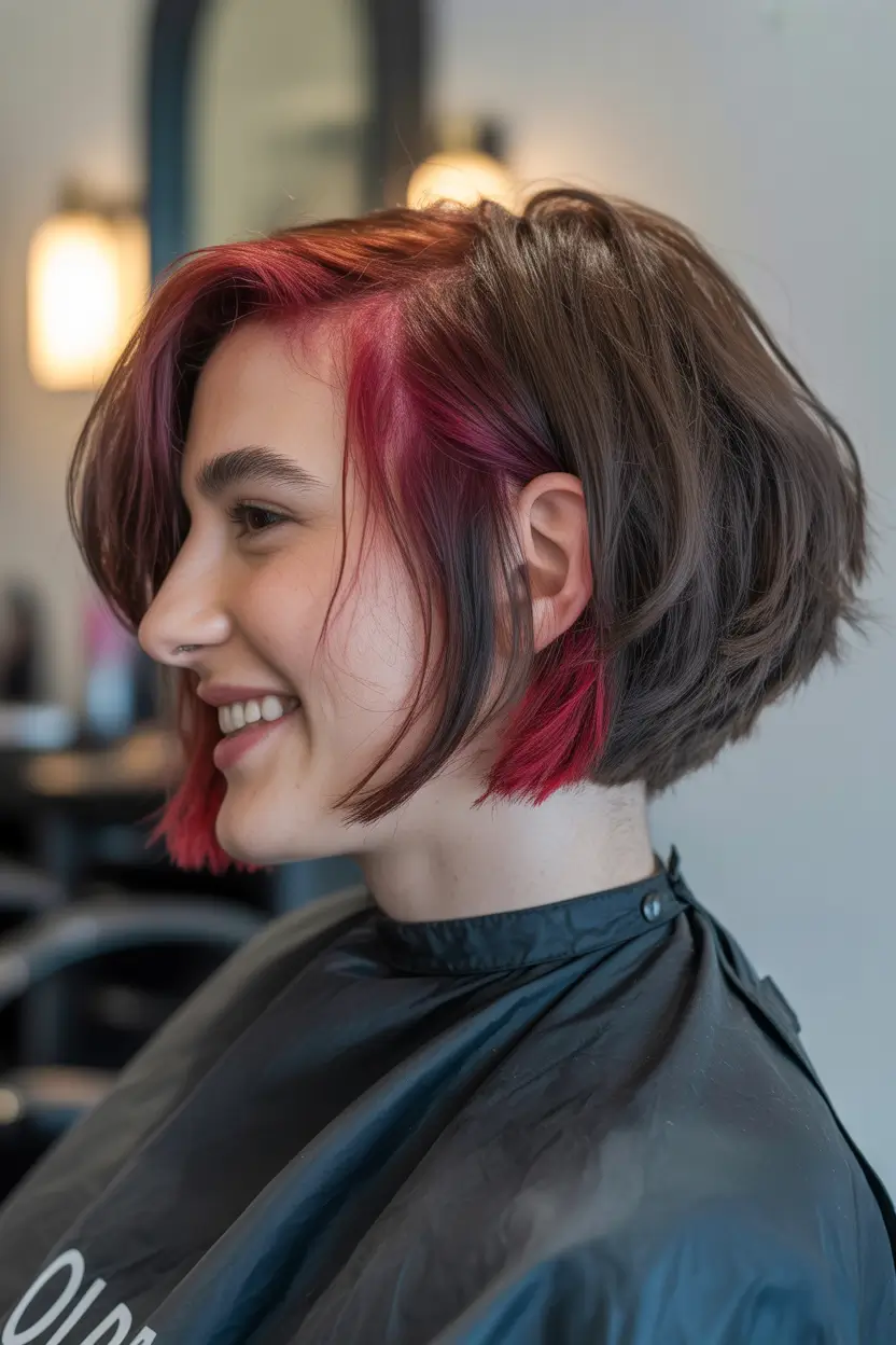 spring brown hair color Edgy Espresso Bob With Crimson Peekaboo Highlights