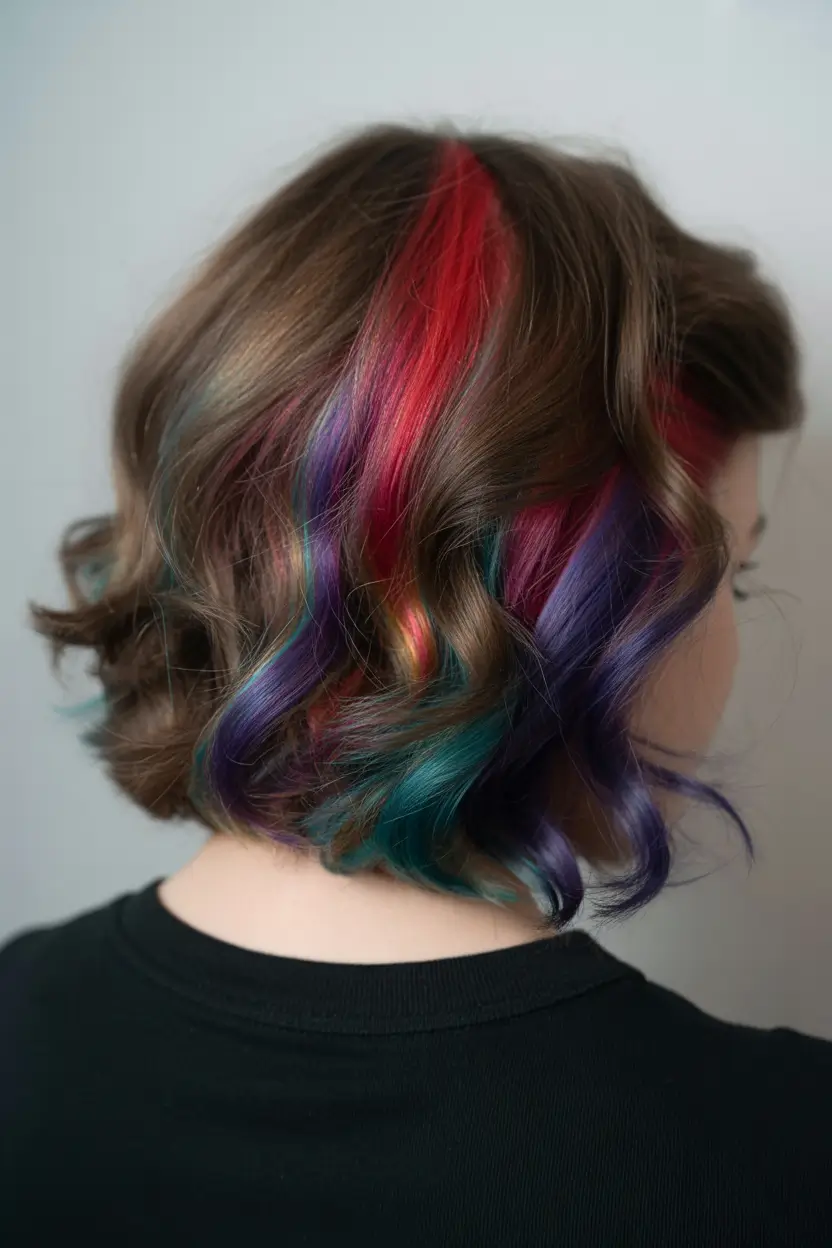 spring brown hair color Multi-Dimensional Rainbow Accents on Soft Brunette Waves