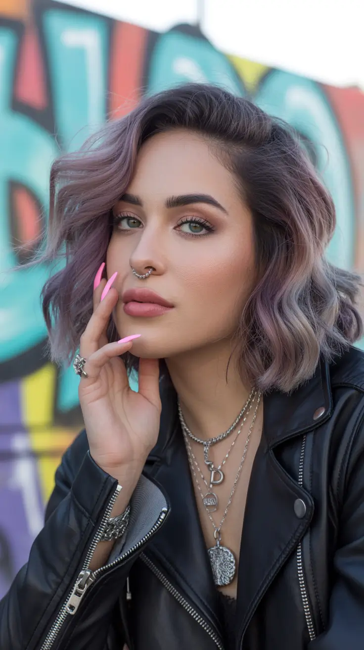 spring brown hair color Cool Mauve Textured Brunette Lob With Urban Edge