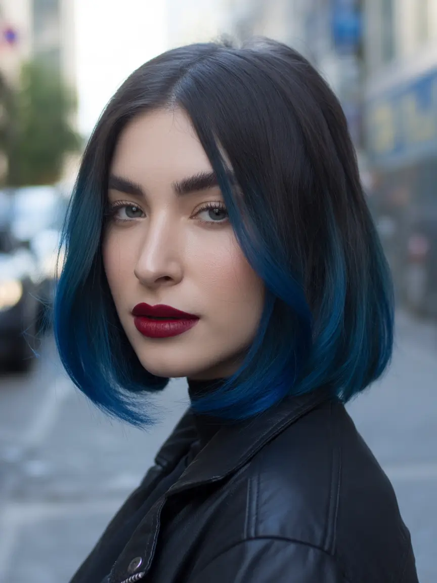spring brunette hair color Chic Short Brunette Bob With Blue Color Edge