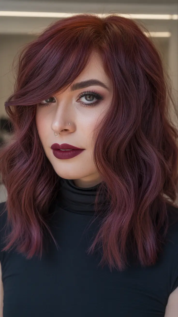 spring brunette hair color Soft Burgundy Brunette With Textured Shoulder-Length Waves