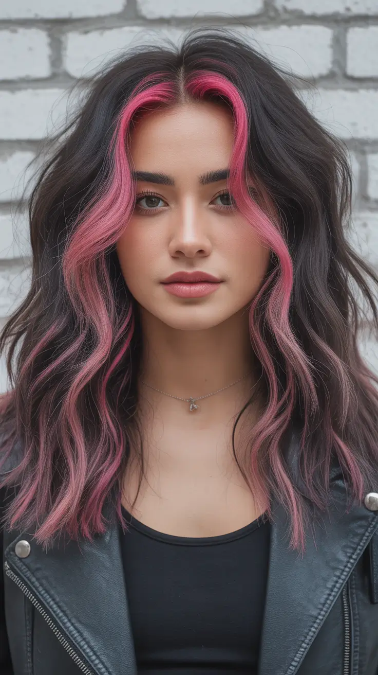 spring brunette hair color Dark Brunette With Soft Pink Face Framing Waves