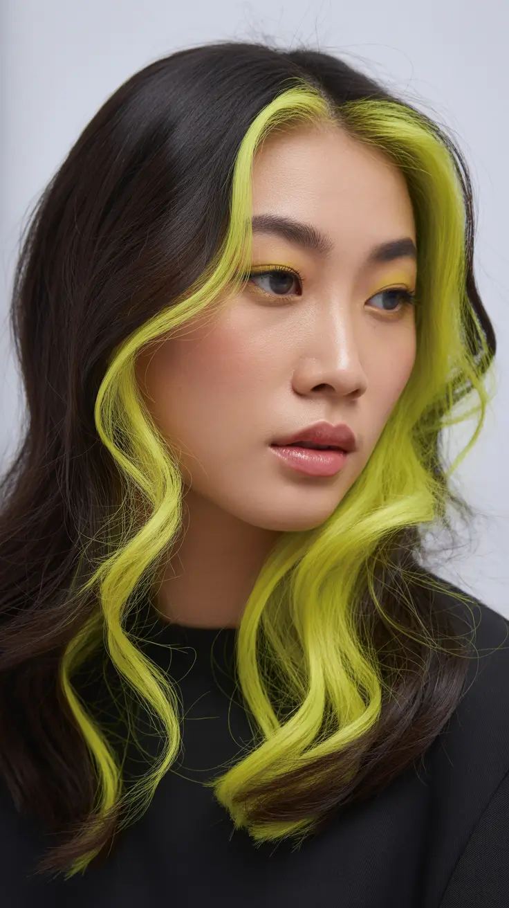 spring brunette hair color Deep Brunette With Neon Lime Accent Highlights