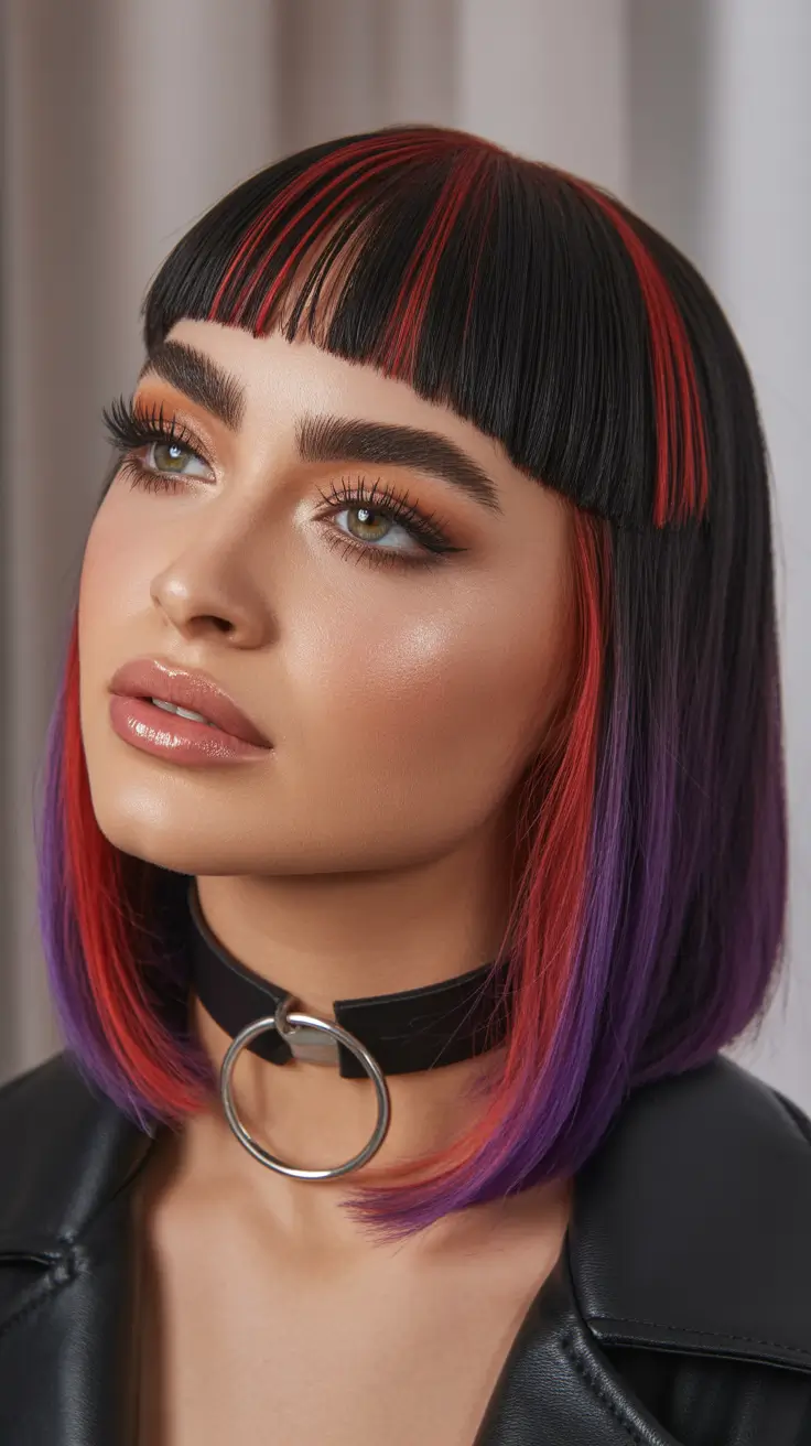 spring brunette hair color Graphic Brunette Bob With Red And Violet Panel Color