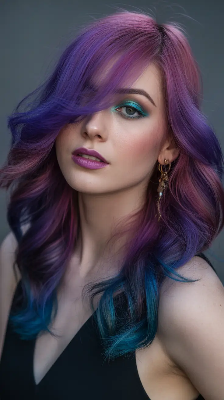 spring brunette hair color Multidimensional Brunette With Violet And Teal Waves