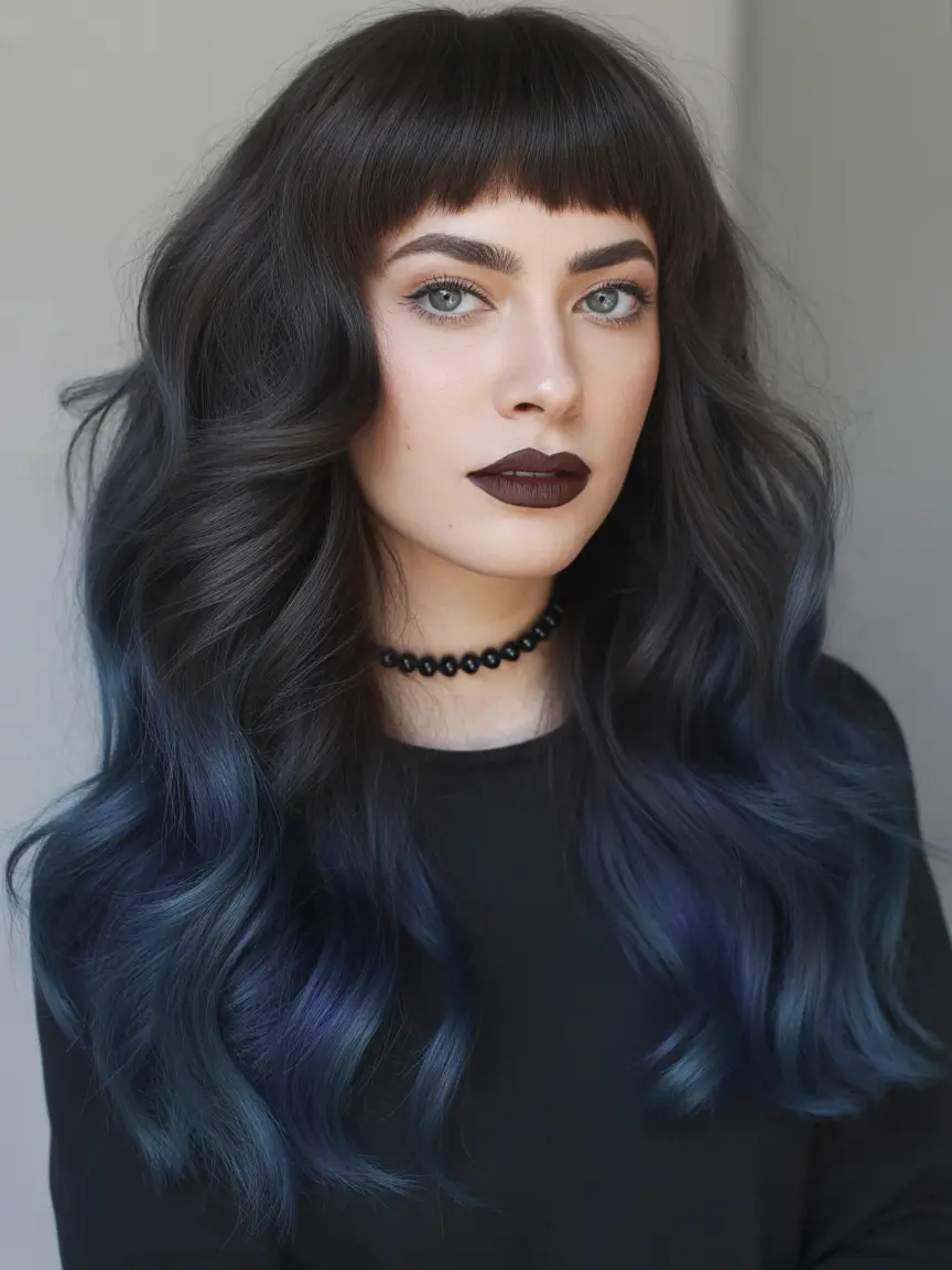 spring brunette hair color Midnight Brunette With Deep Blue Gradient Ends