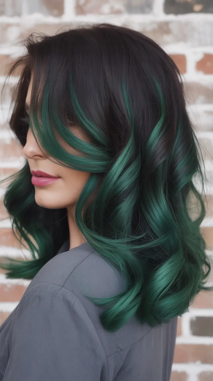 spring brunette hair color Soft Brunette Waves With Emerald Green Balayage