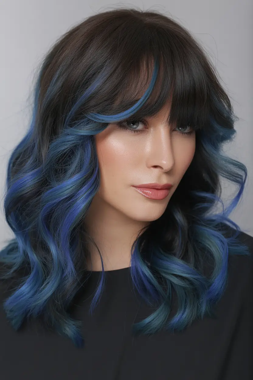 spring brunette hair color Cool Brunette Waves With Blue Depth