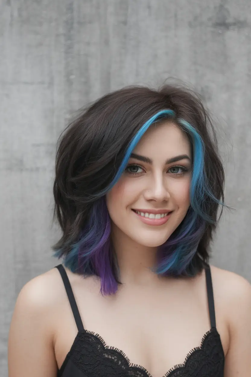 spring brunette hair color Textured Brunette Lob With Blue And Violet Accent Pieces