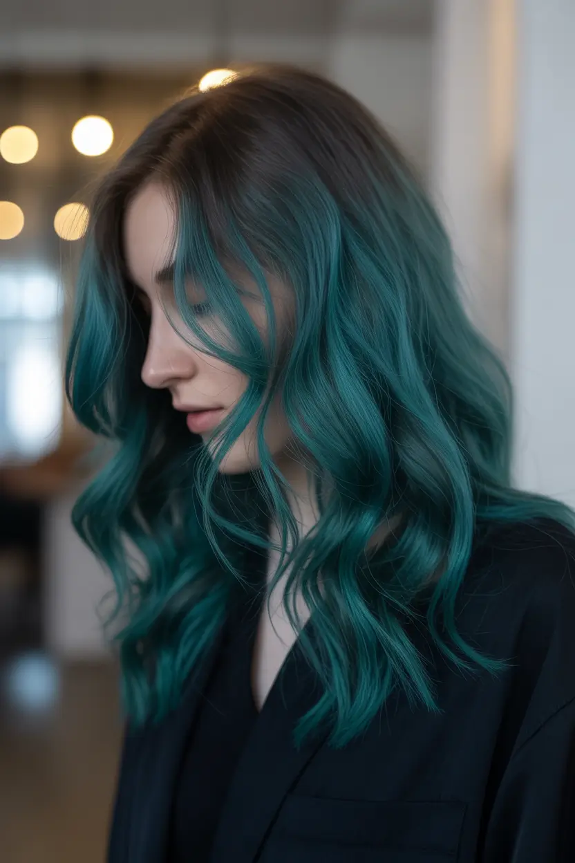 spring brunette hair color Deep Brunette Waves With Teal Balayage Flow