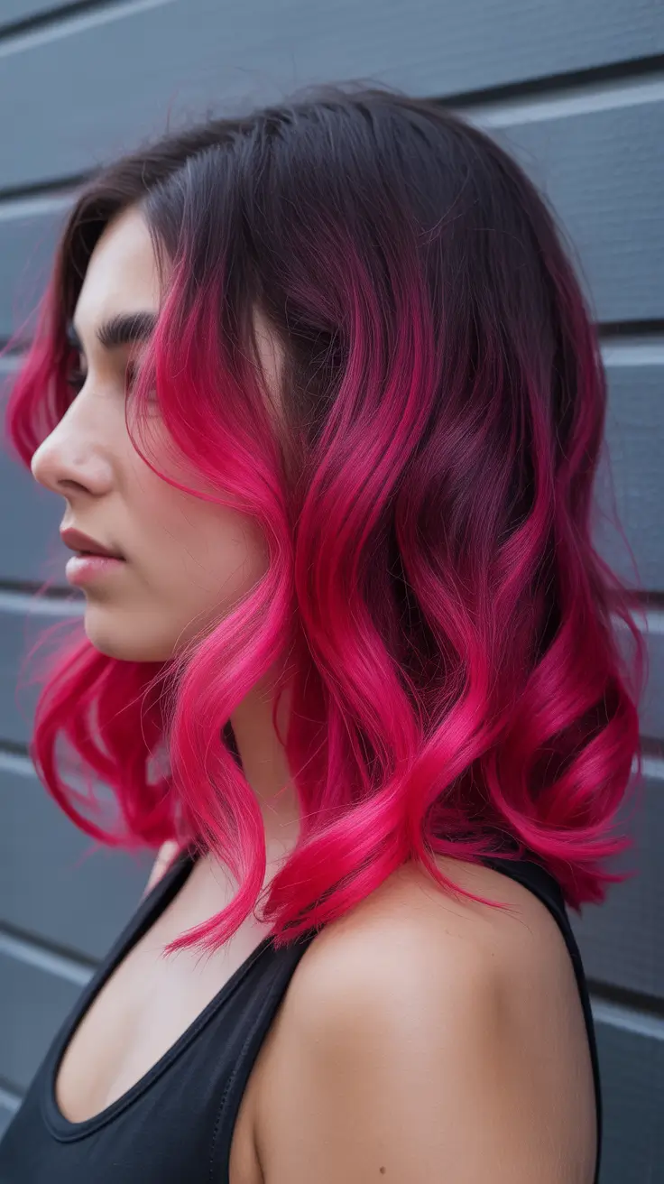 spring brunette hair color Dark Brunette Lob With Bright Pink Accent Waves