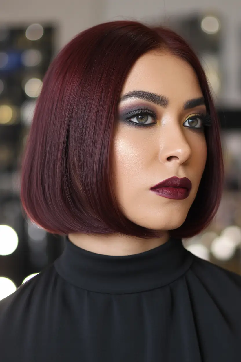 spring brunette hair color Classic Brunette Bob With Rich Burgundy Shine
