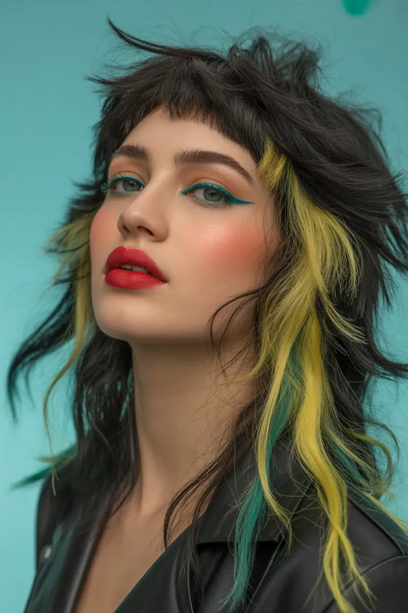 spring brunette hair color Edgy Brunette Shag With Neon Green Highlights