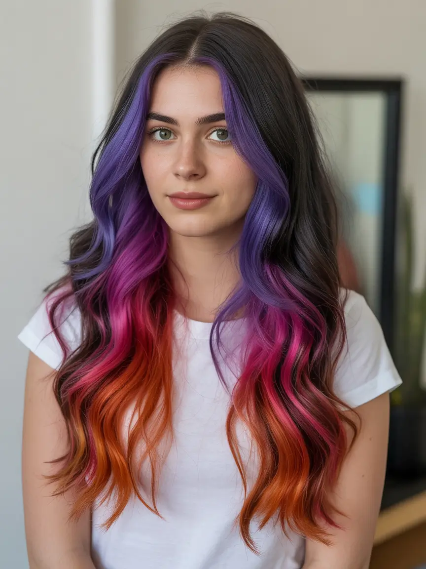 spring brunette hair color Brunette Melt With Violet To Sunset Color Flow