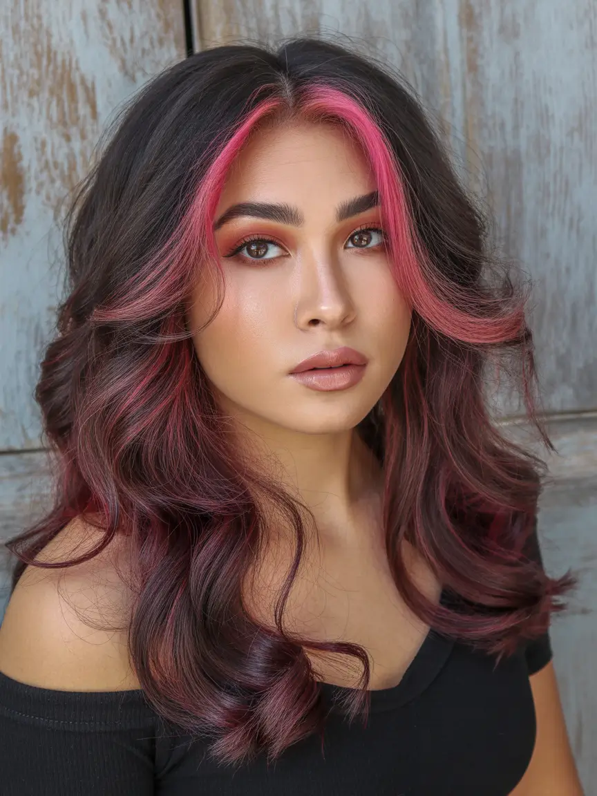 spring brunette hair color Soft Brunette Waves With Rosy Face Frame Highlights