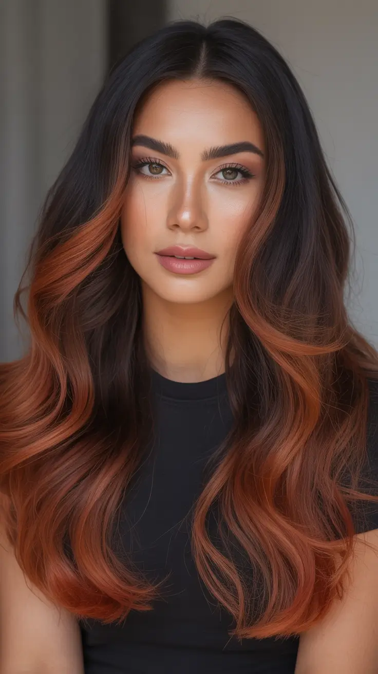 spring brunette hair color Deep Brunette With Warm Copper Balayage Glow