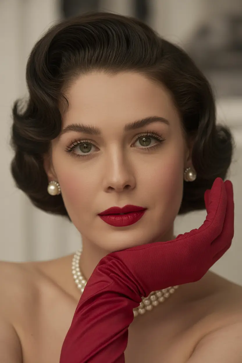 spring wedding hairstyle Deep Side-Part Vintage Waves with Classic Glam Finish