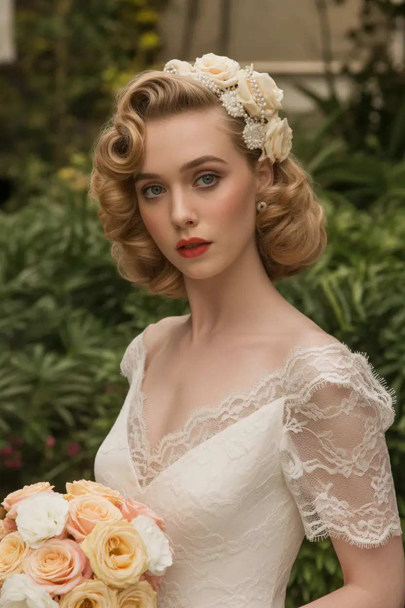 spring wedding hairstyle Garden Party Vintage Bob with Floral Headpiece