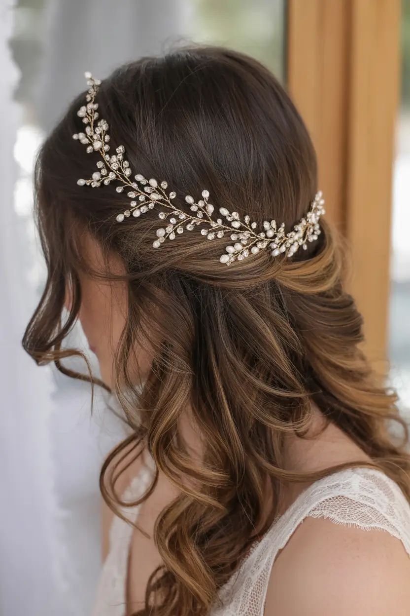 spring wedding hairstyle Soft Half Up Waves with Pearl Vine Detail