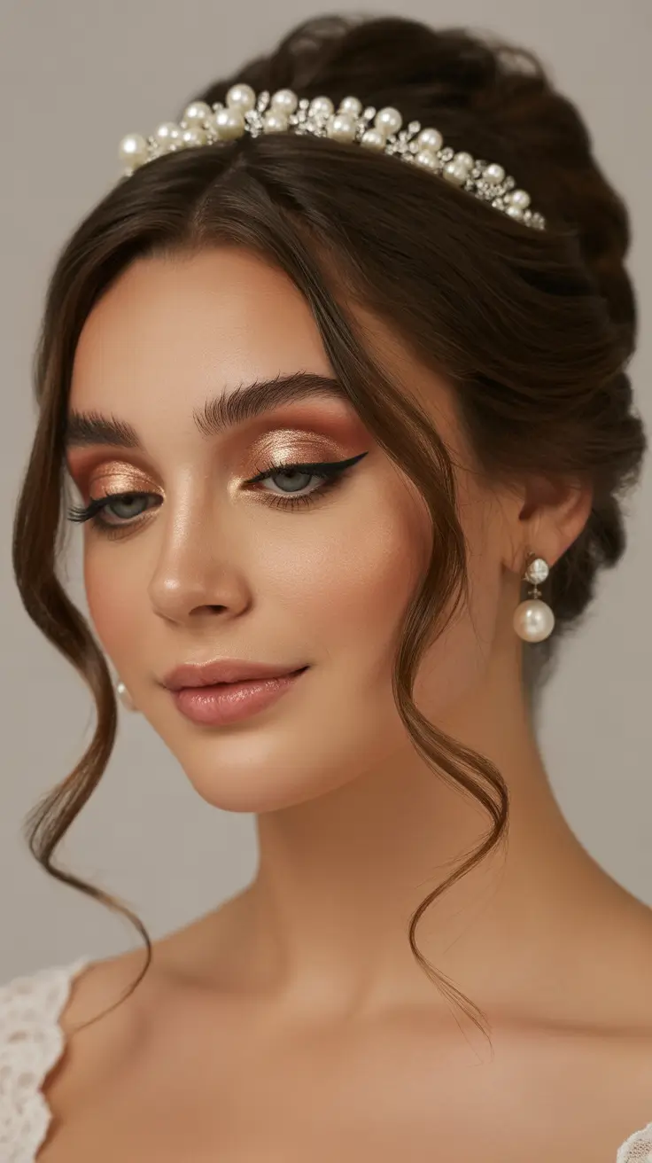 spring wedding hairstyle Elegant Pearl Crown Updo with Soft Face-Framing Tendrils